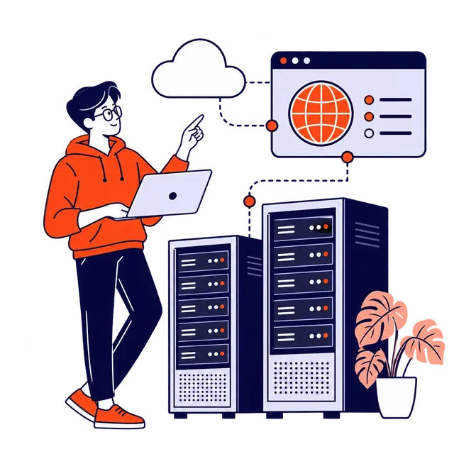 Persona gestionando dominio y servidores de hosting