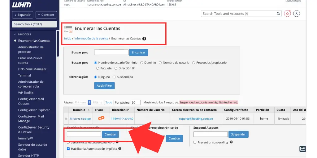 cambiar password de cpanel desde whm