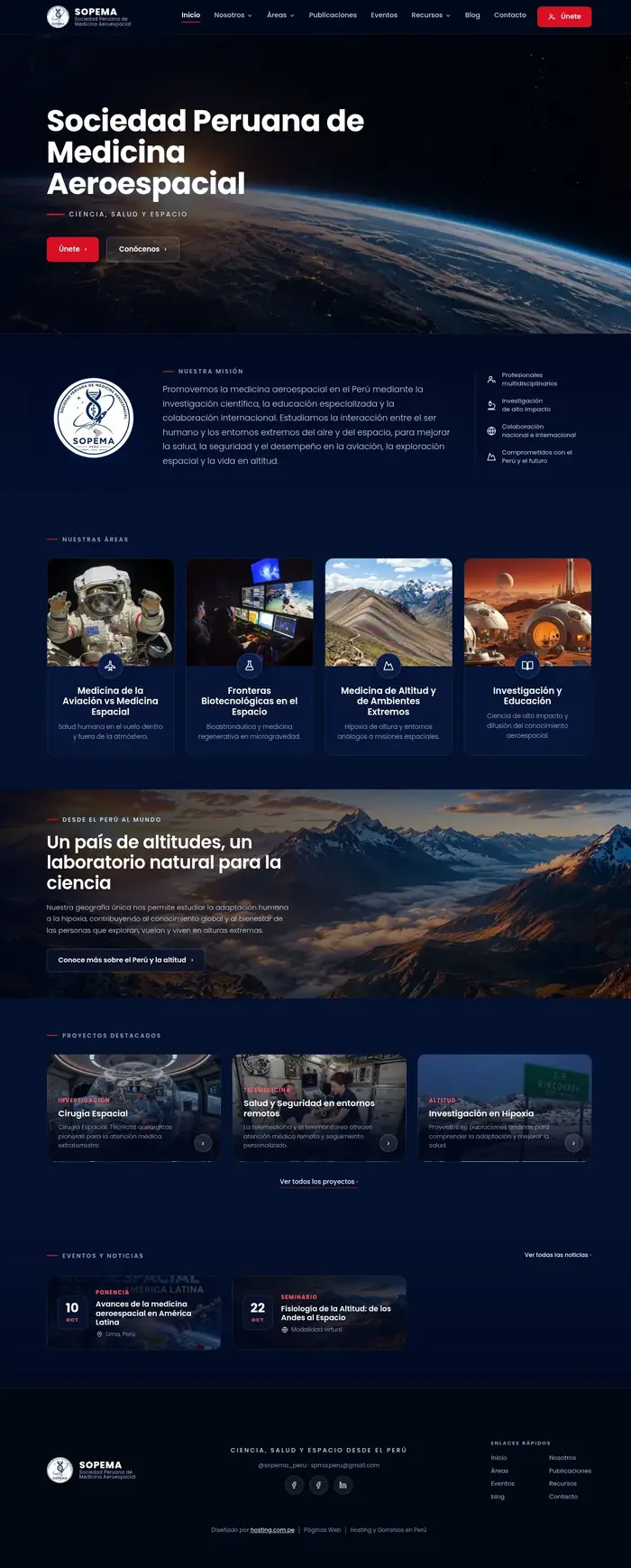 Diseño web de SOPEMA, Sociedad Peruana de Medicina Aeroespacial