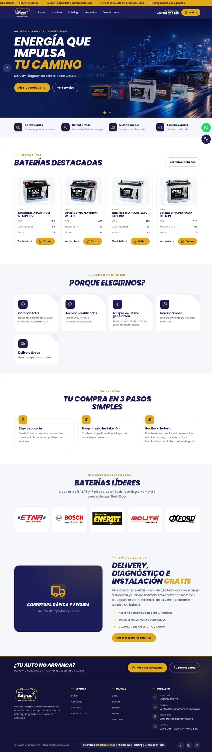 Diseño web de Total Baterías del Perú, venta de baterías con delivery