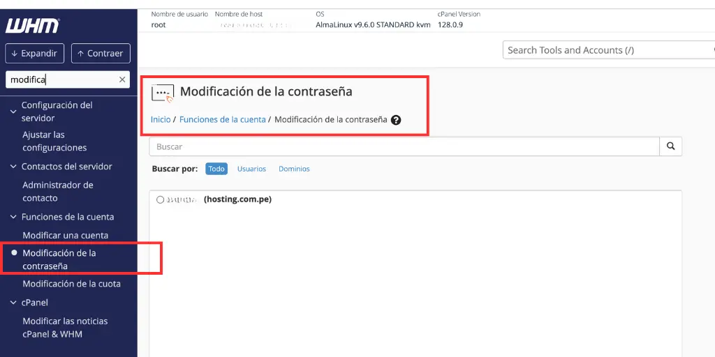 como cambiar la clave de cPanel desde WHM