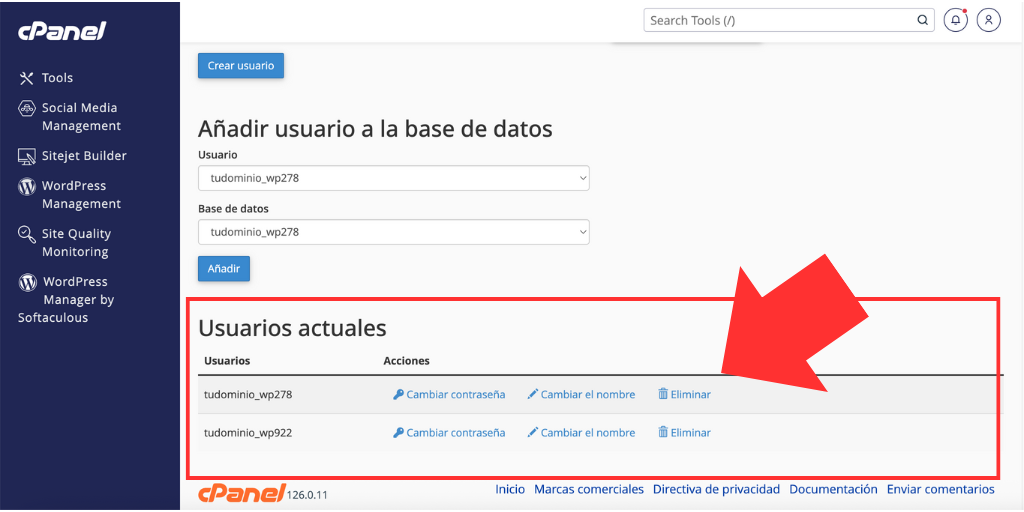 Lista de usuarios actuales de MySQL en cPanel. hosting peru